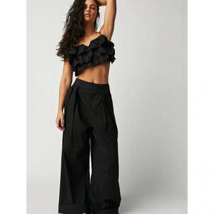 New Free People Danelle Set Two Piece Wide Leg Pants Crop Top Ruffle Black